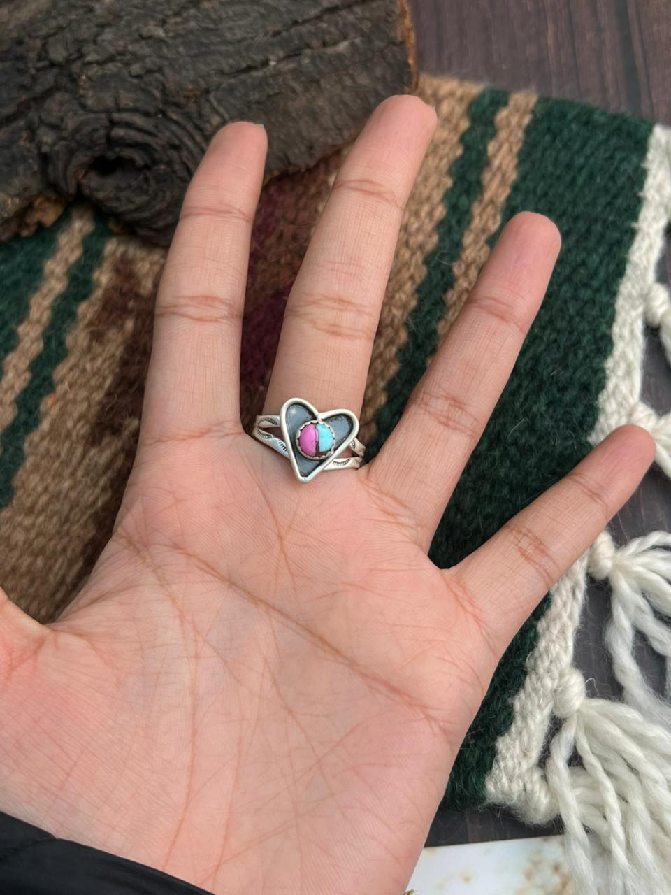 "Heart Collection" Handmade Sterling Silver Cotton Candy Adjustable Ring "Signed Nizhoni"