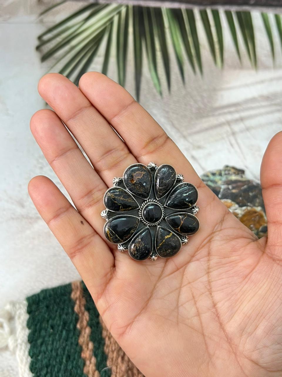 Handmade Sterling Silver Blackjack Turquoise Adjustable Ring " Signed Nizhoni"