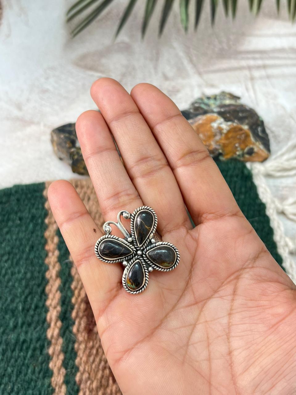 Handmade Sterling Silver Blackjack Turquoise Butterfly Adjustable Ring " Signed Nizhoni"
