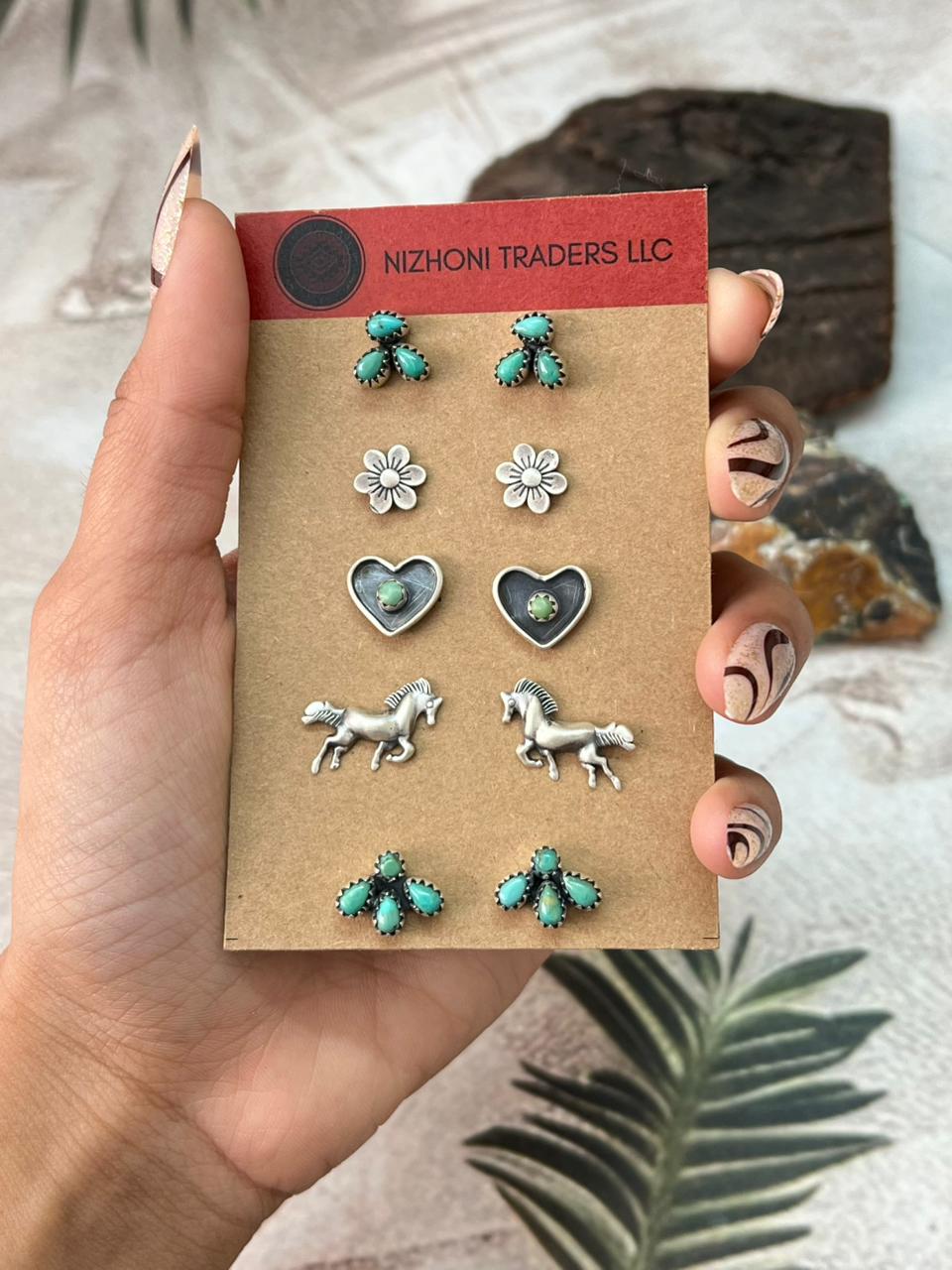 Handmade Sterling Silver Kingman Turquoise Post Studs Earrings Set