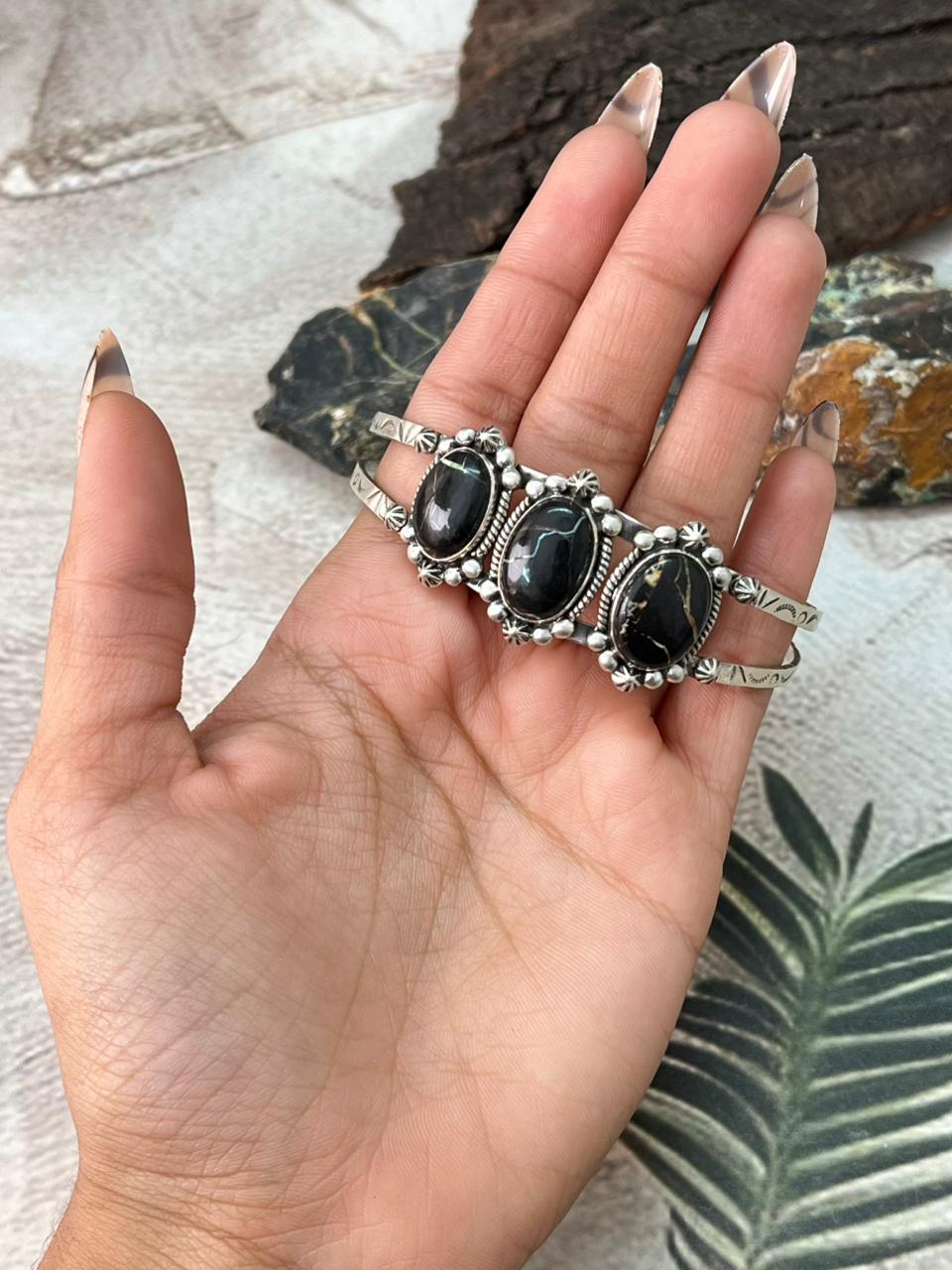 Handmade Sterling Silver Blackjack Turquoise Cuff Bracelet "Signed Nizhoni"