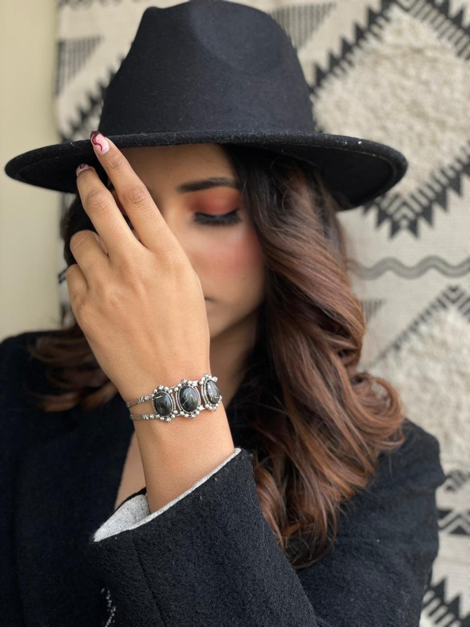 Handmade Sterling Silver Blackjack Turquoise Cuff Bracelet "Signed Nizhoni"