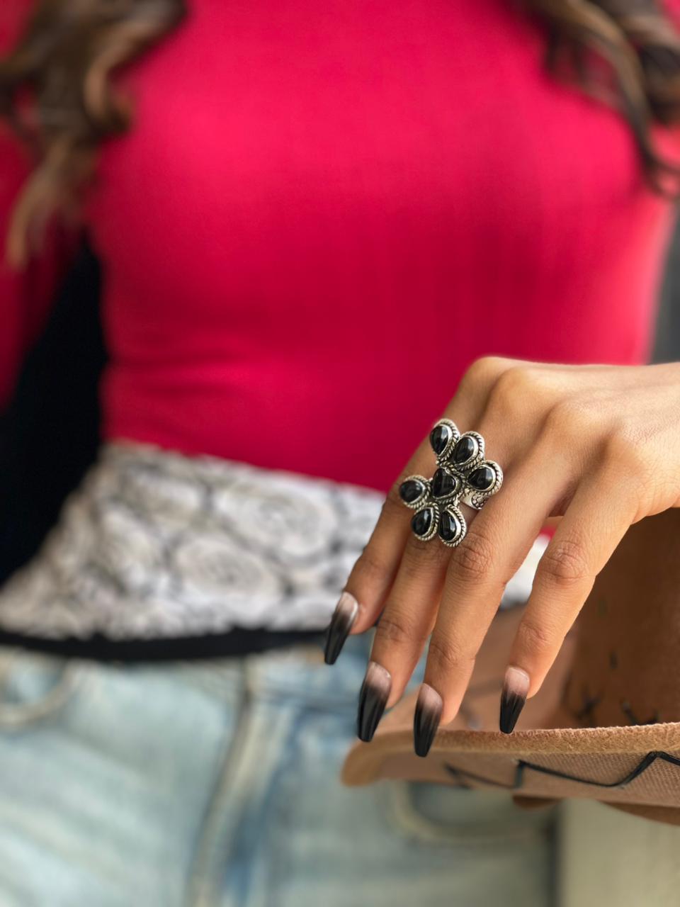 Handmade Sterling Silver Black Onyx Adjustable Ring "Signed Nizhoni"