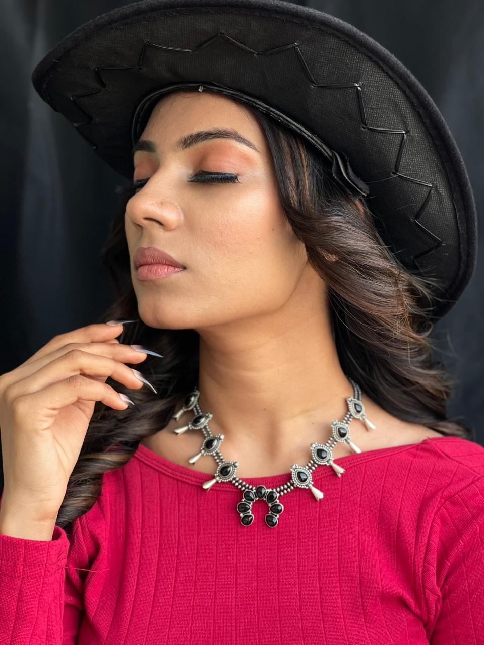 Handmade Sterling Silver Black Onyx Beaded Squash Blossom Necklace "Signed Nizhoni"