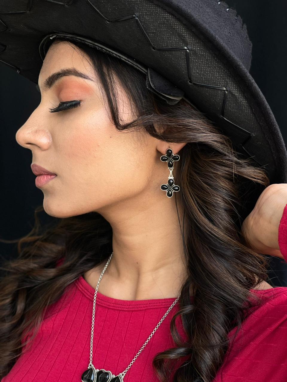 Handmade Sterling Silver Black Onyx Post Dangle Earrings "Signed Nizhoni"