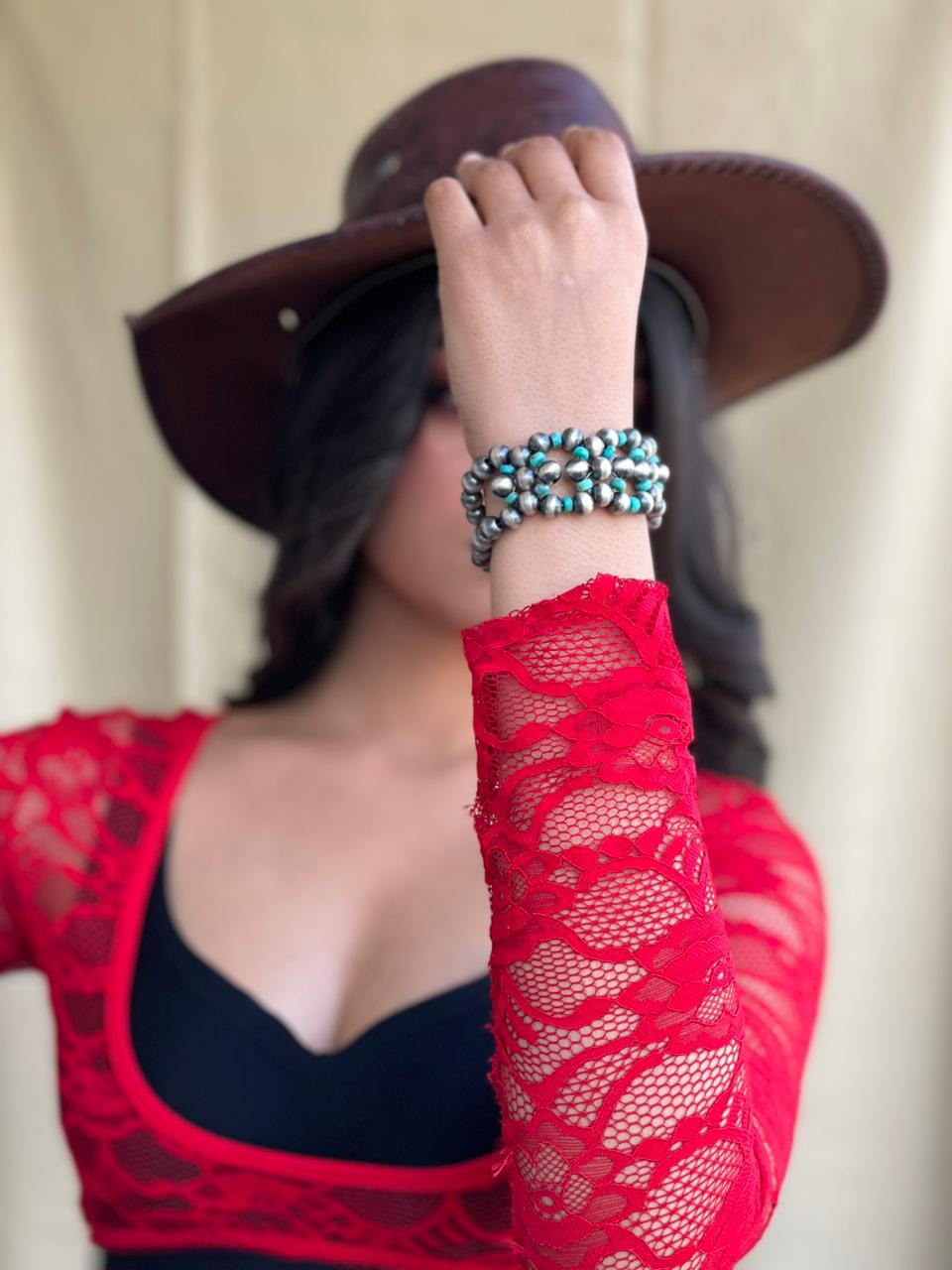 Handmade Sterling Silver Kingman Turquoise Stretch Beaded Bracelet