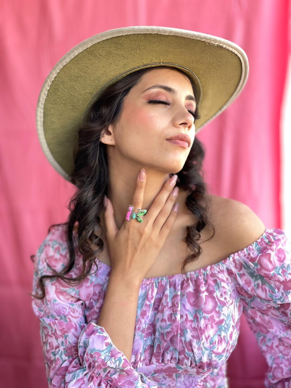 Handmade Sterling Silver Spring Collection: Sonoran Mountain Turquoise with Cotton Candy Butterfly Adjustable Ring "Signed Nizhoni"