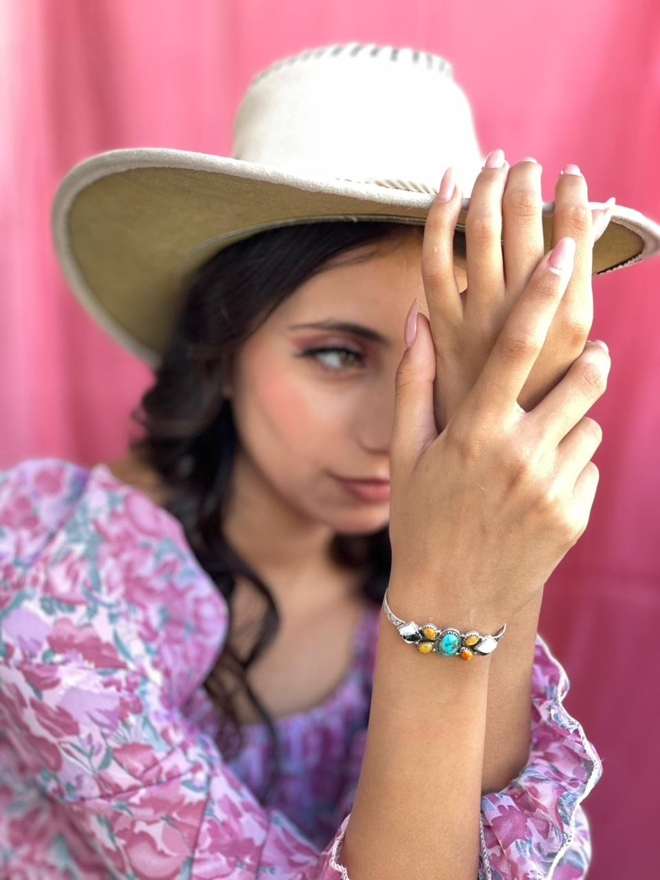 Handmade Sterling Silver Spring Collection: Bumblebee with Sonoran and White Buffalo Bracelet "Signed Nizhoni"