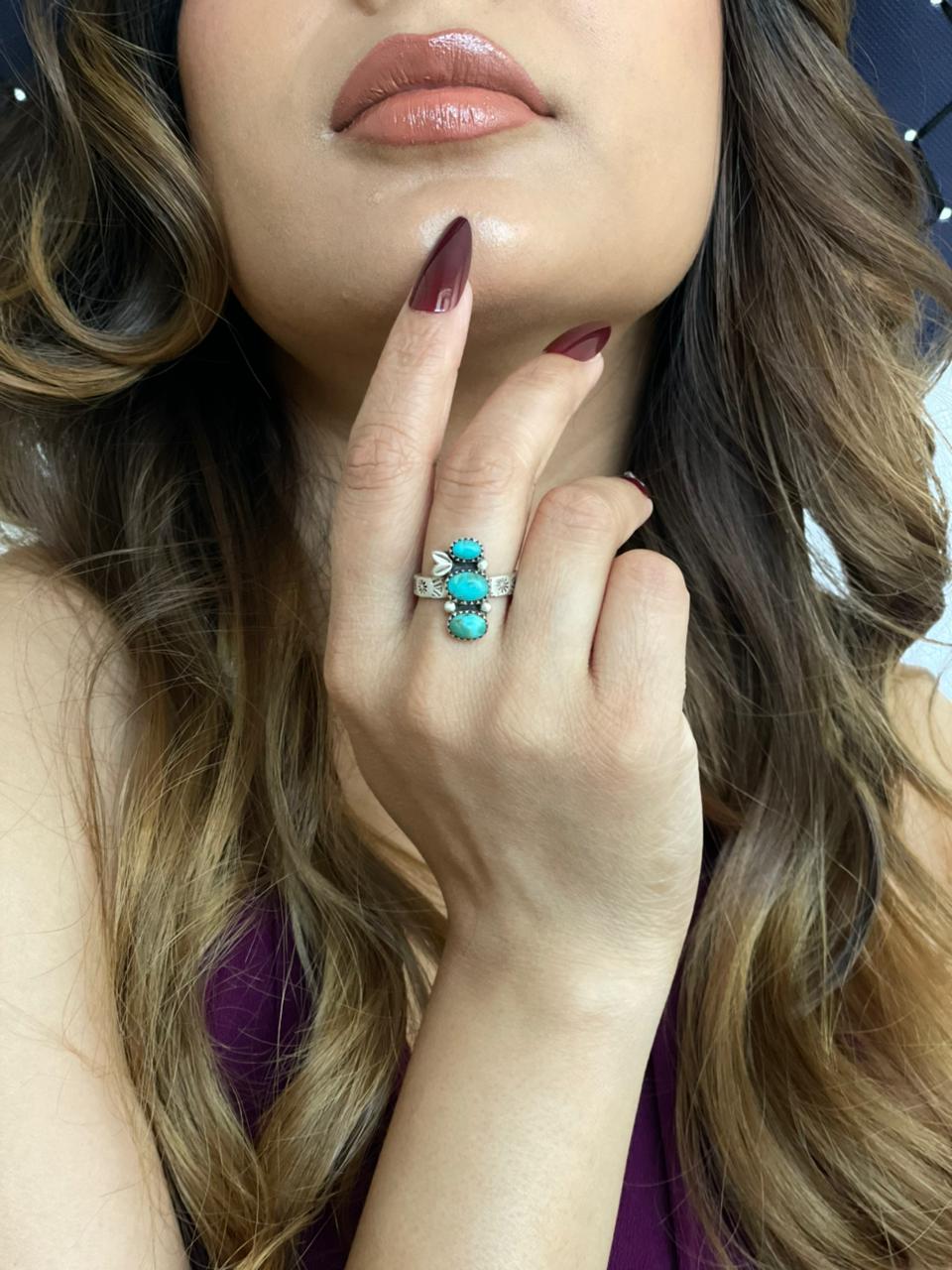 Handmade Sterling Silver Kingman Turquoise Adjustable Ring "Signed Nizhoni"