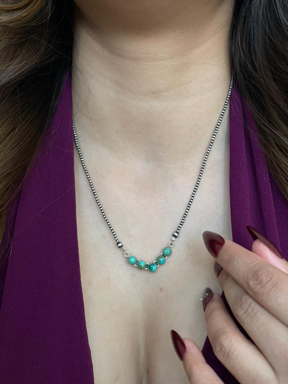 Handmade Sterling Silver Kingman Turquoise Beaded Necklace "Signed Nizhoni"