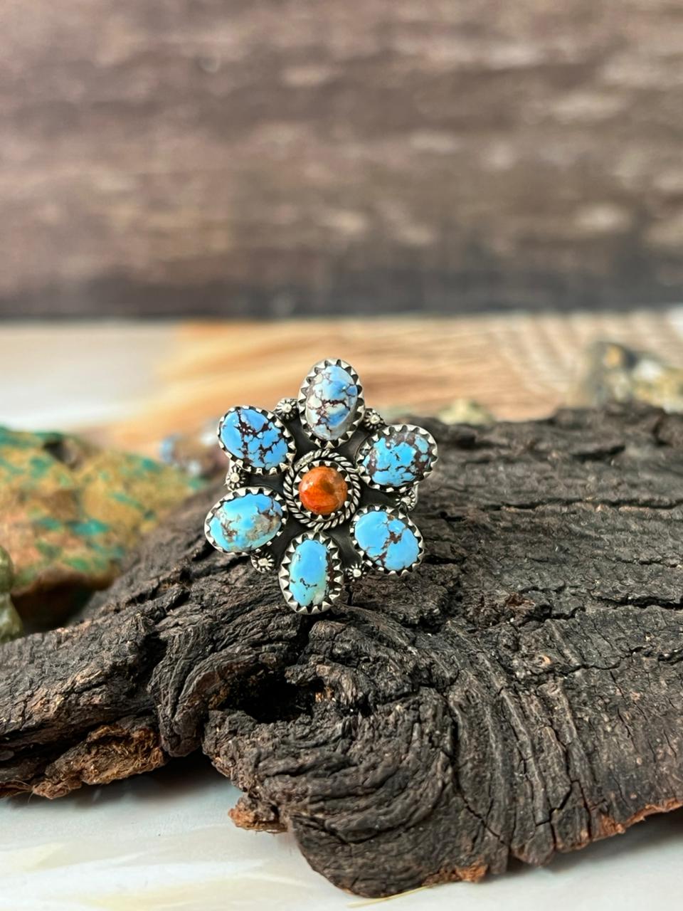 Handmade Sterling Silver Golden Hills with Orange Mojave Adjustable Ring "Signed Nizhoni"