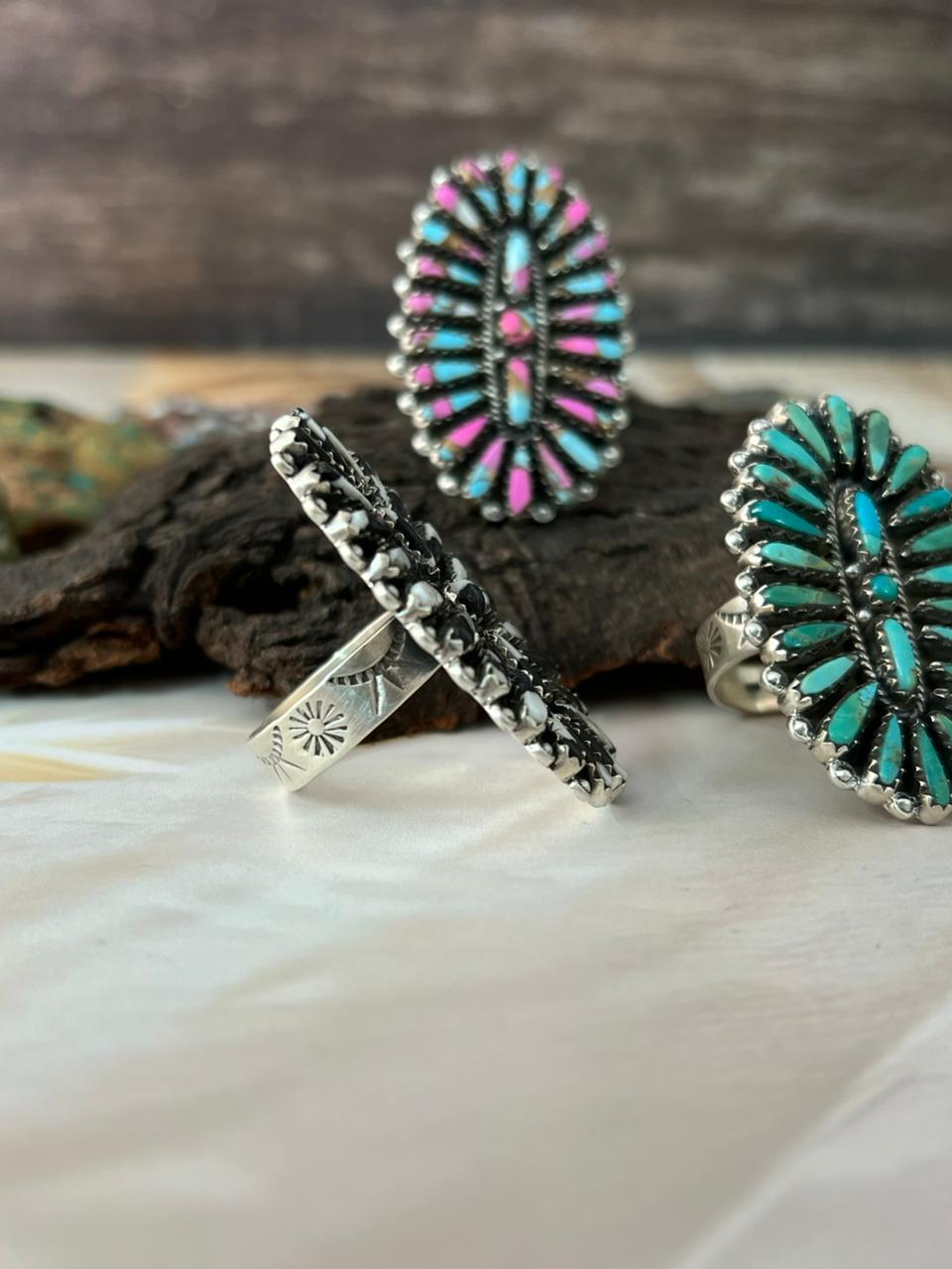 Handmade Sterling Silver Kingman, White Buffalo and Cotton Candy Adjustable Ring "Signed Nizhoni"