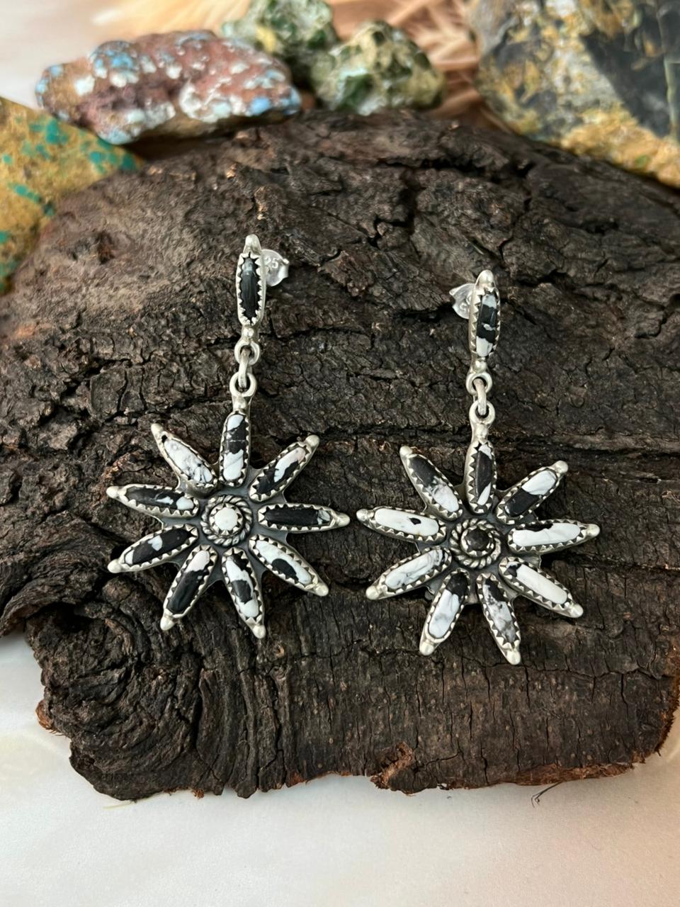 Handmade Sterling Silver White Buffalo Post Dangle Earrings "Signed Nizhoni"