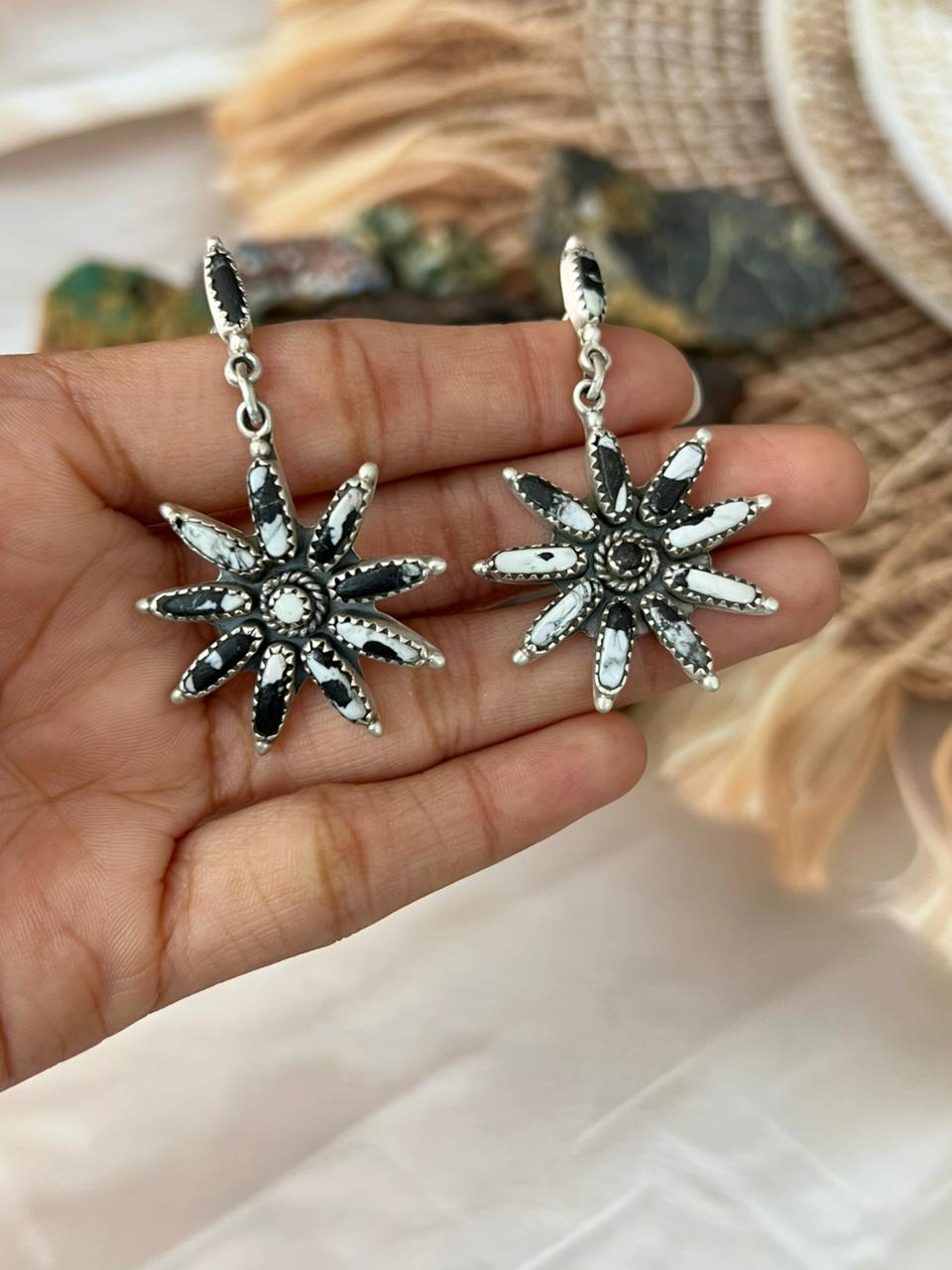 Handmade Sterling Silver White Buffalo Post Dangle Earrings "Signed Nizhoni"