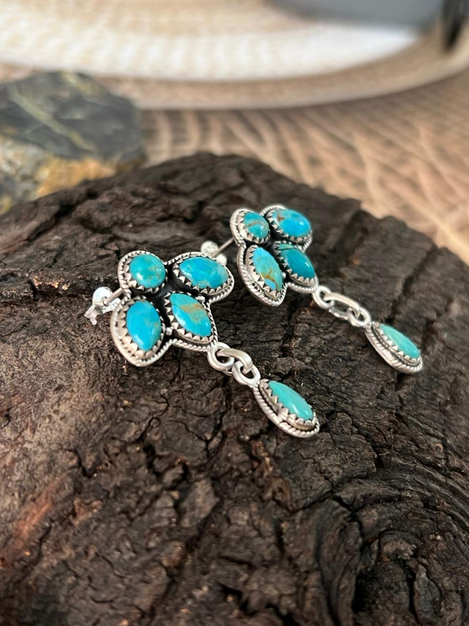 Handmade Sterling Silver Kingman Turquoise Post Dangle Earrings "Signed Nizhoni"
