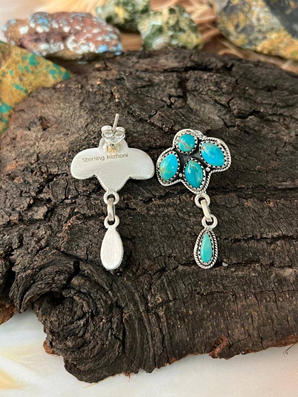 Handmade Sterling Silver Kingman Turquoise Post Dangle Earrings "Signed Nizhoni"