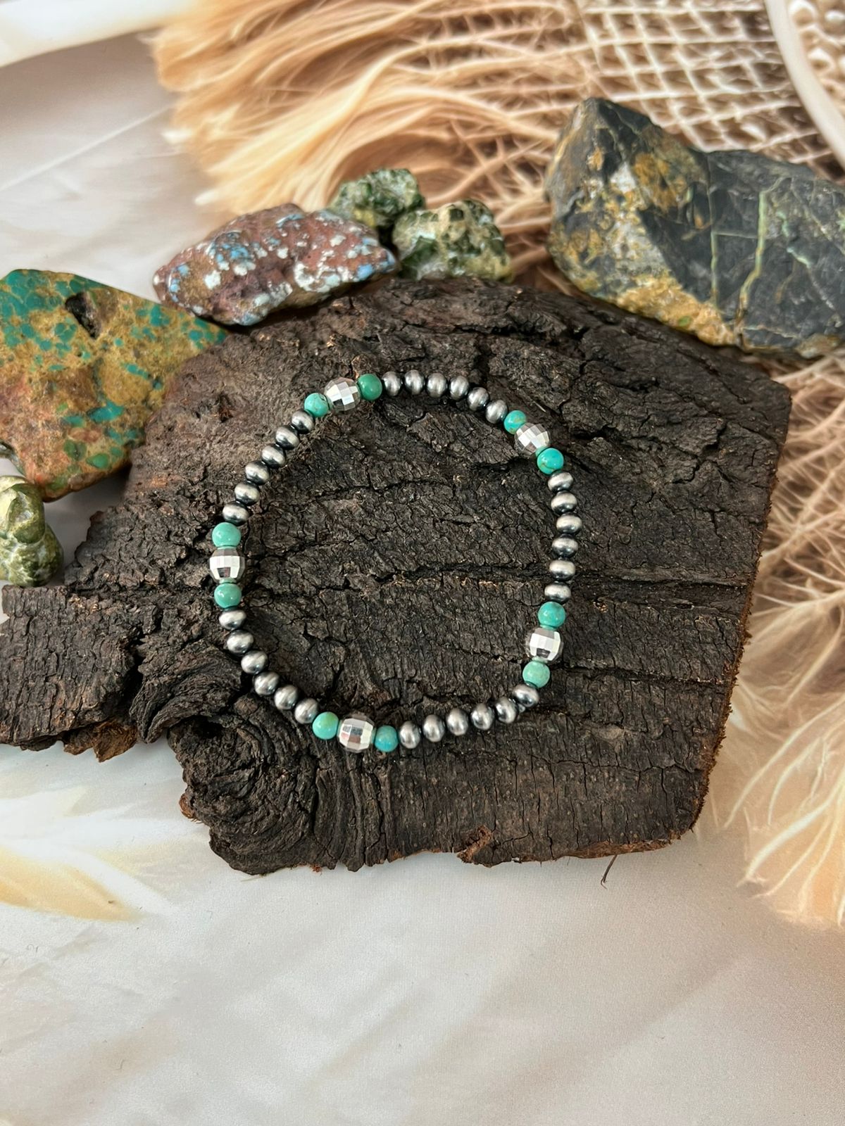 Handmade Sterling Silver Kingman Turquoise Beads Disco Ball Bracelet