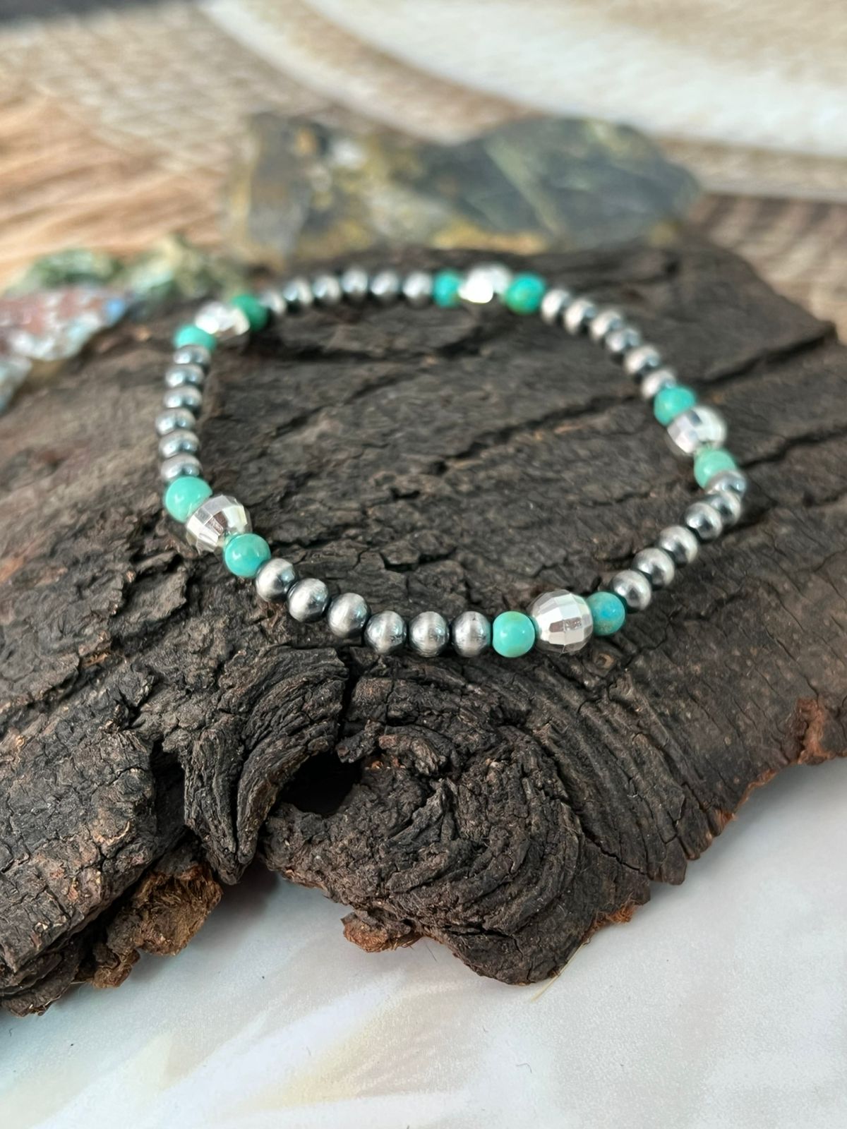 Handmade Sterling Silver Kingman Turquoise Beads Disco Ball Bracelet