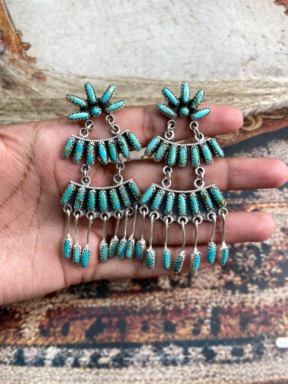 Handmade Sterling Silver Needle Collection: Kingman Turquoise Post Dangle Earrings "Signed Nizhoni"