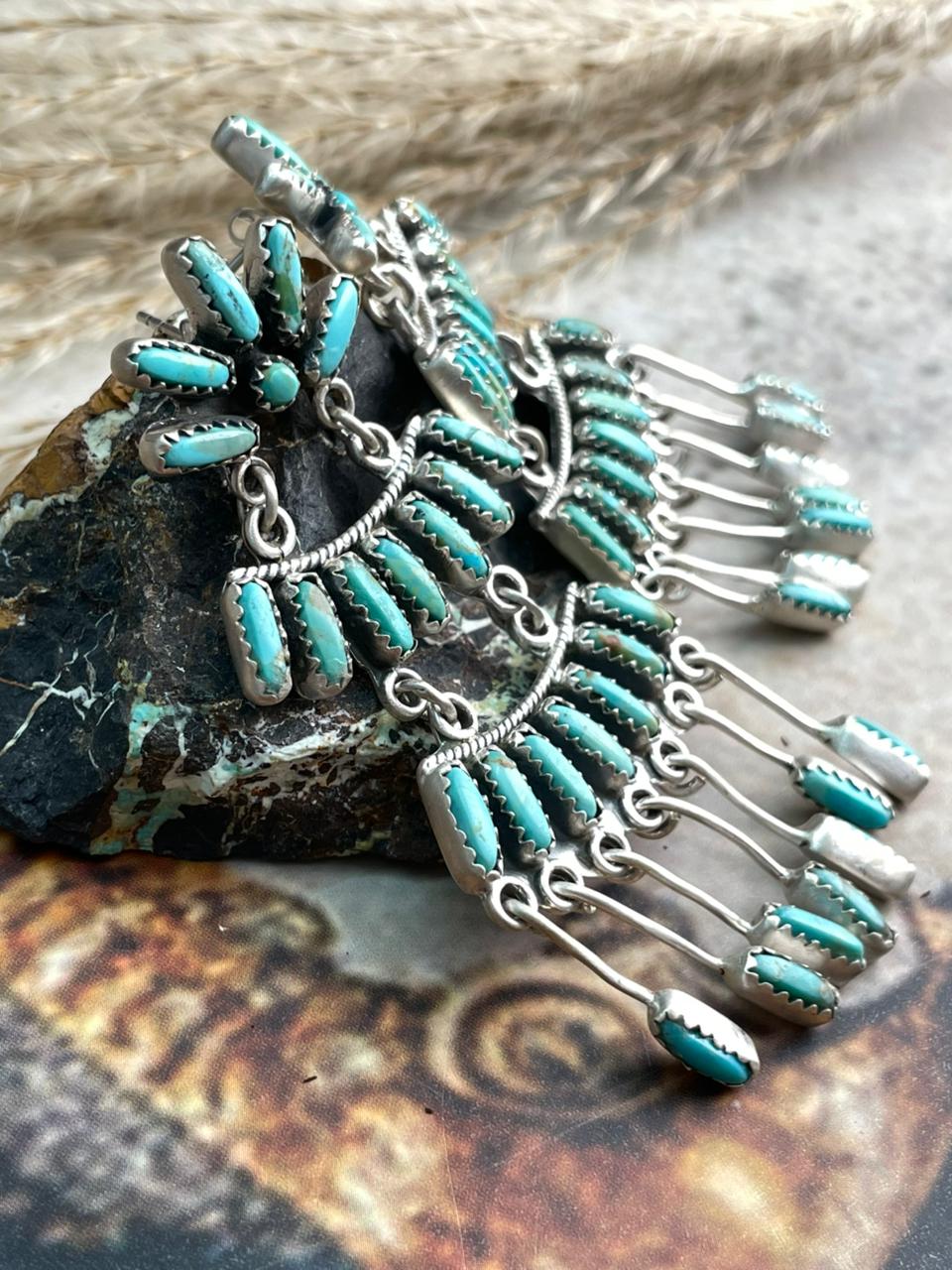 Handmade Sterling Silver Needle Collection: Kingman Turquoise Post Dangle Earrings "Signed Nizhoni"