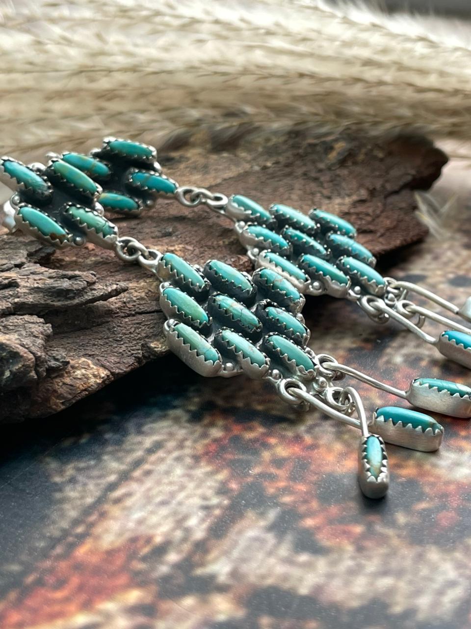 Handmade Sterling Silver Needle Collection: Kingman Turquoise Post Dangle Earrings "Signed Nizhoni"