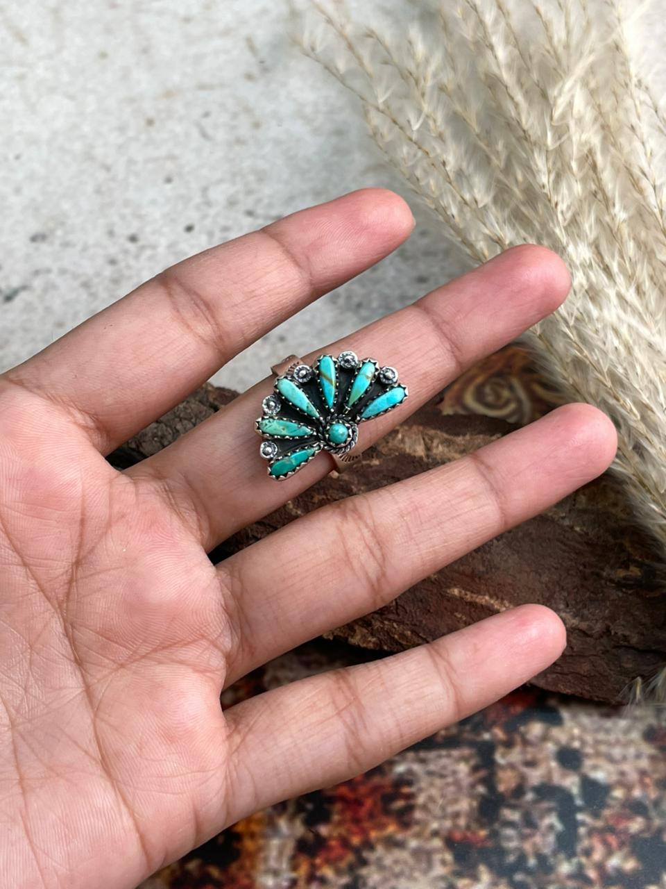 Handmade Sterling Silver Needle Collection: Kingman Turquoise Adjustable Ring "Signed Nizhoni"