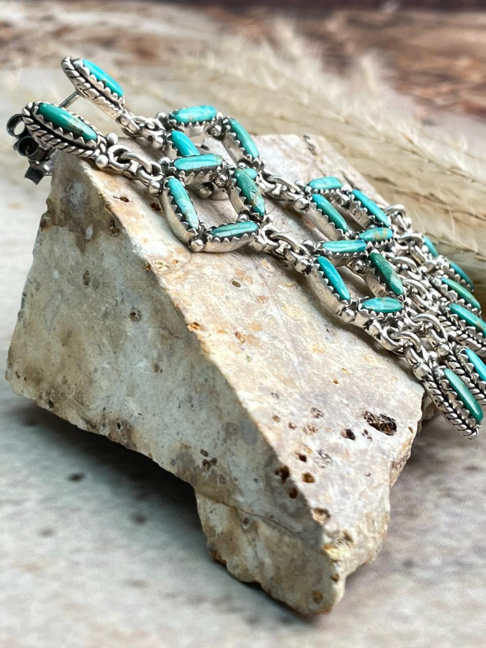 Handmade Sterling Silver Needle Collection: Kingman Turquoise Post Dangle Earrings "Signed Nizhoni"
