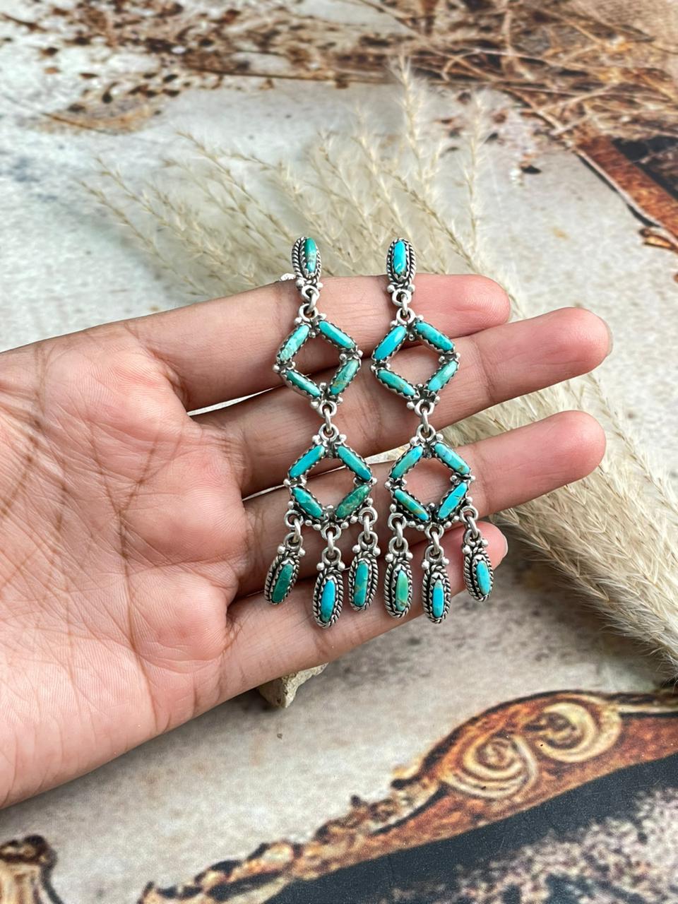 Handmade Sterling Silver Needle Collection: Kingman Turquoise Post Dangle Earrings "Signed Nizhoni"