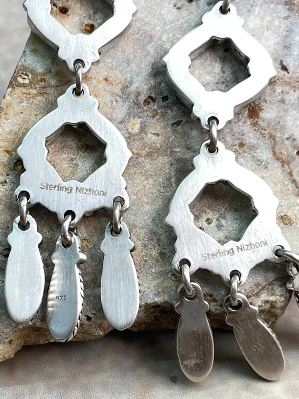 Handmade Sterling Silver Needle Collection: Kingman Turquoise Post Dangle Earrings "Signed Nizhoni"