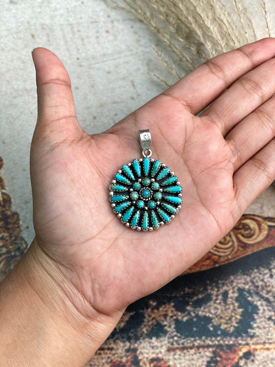 Handmade Sterling Silver Needle Collection: Kingman Turquoise Pendant "Signed Nizhoni"