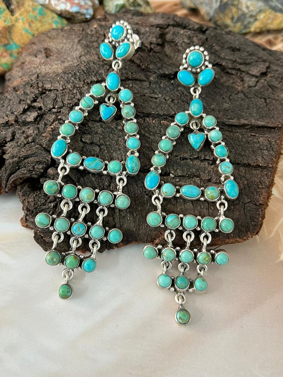 Handmade Sterling Silver Kingman Turquoise Post Dangle Earrings "Signed Nizhoni"