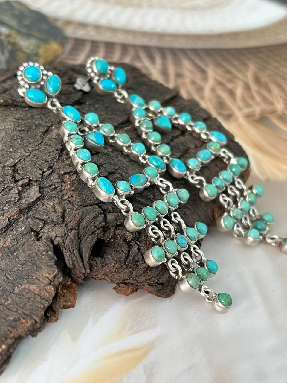 Handmade Sterling Silver Kingman Turquoise Post Dangle Earrings "Signed Nizhoni"