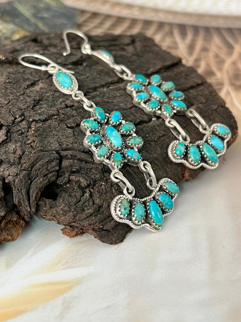 Handmade Sterling Silver Kingman Turquoise Hook Dangle Earrings "Signed Nizhoni"