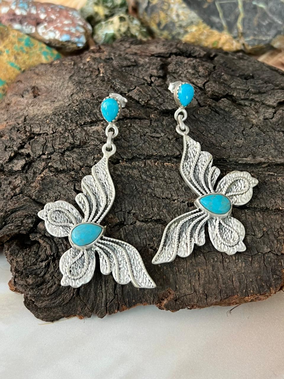 Handmade Sterling Silver Kingman Turquoise Post Dangle Butterfly Earrings "Signed Nizhoni"