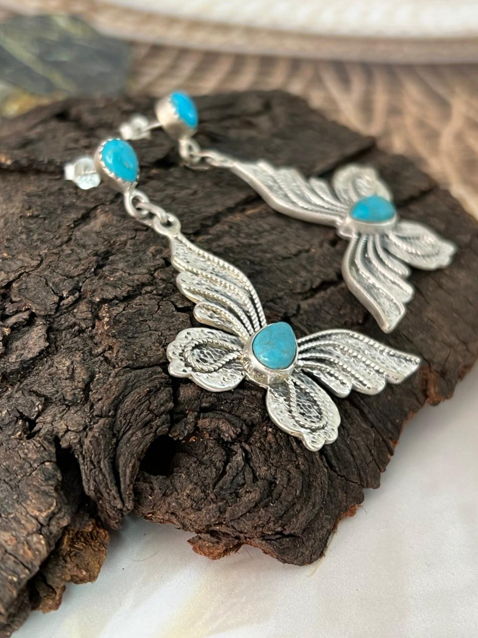 Handmade Sterling Silver Kingman Turquoise Post Dangle Butterfly Earrings "Signed Nizhoni"