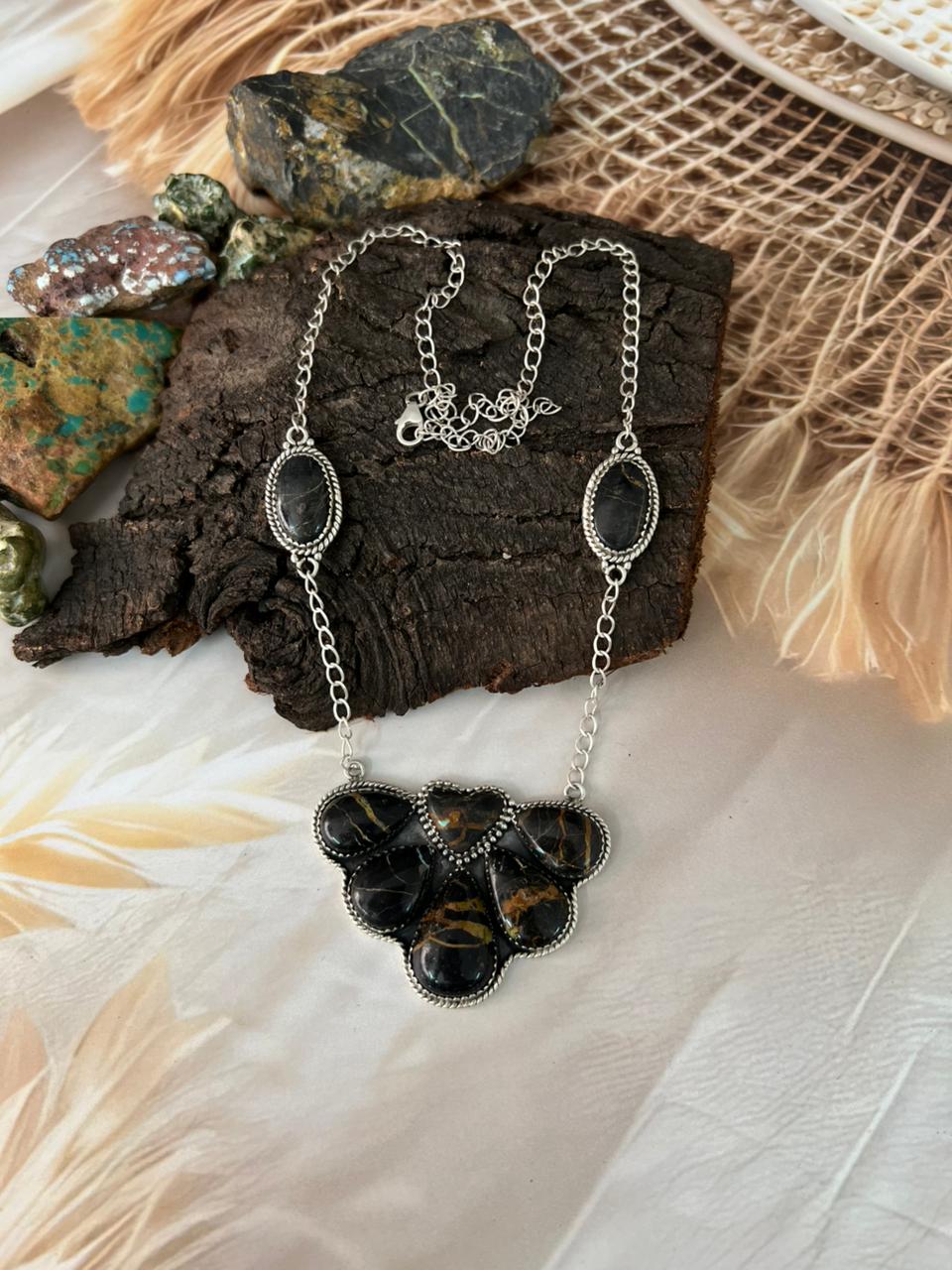 Handmade Sterling Silver Blackjack Turquoise Necklace "Signed Nizhoni"