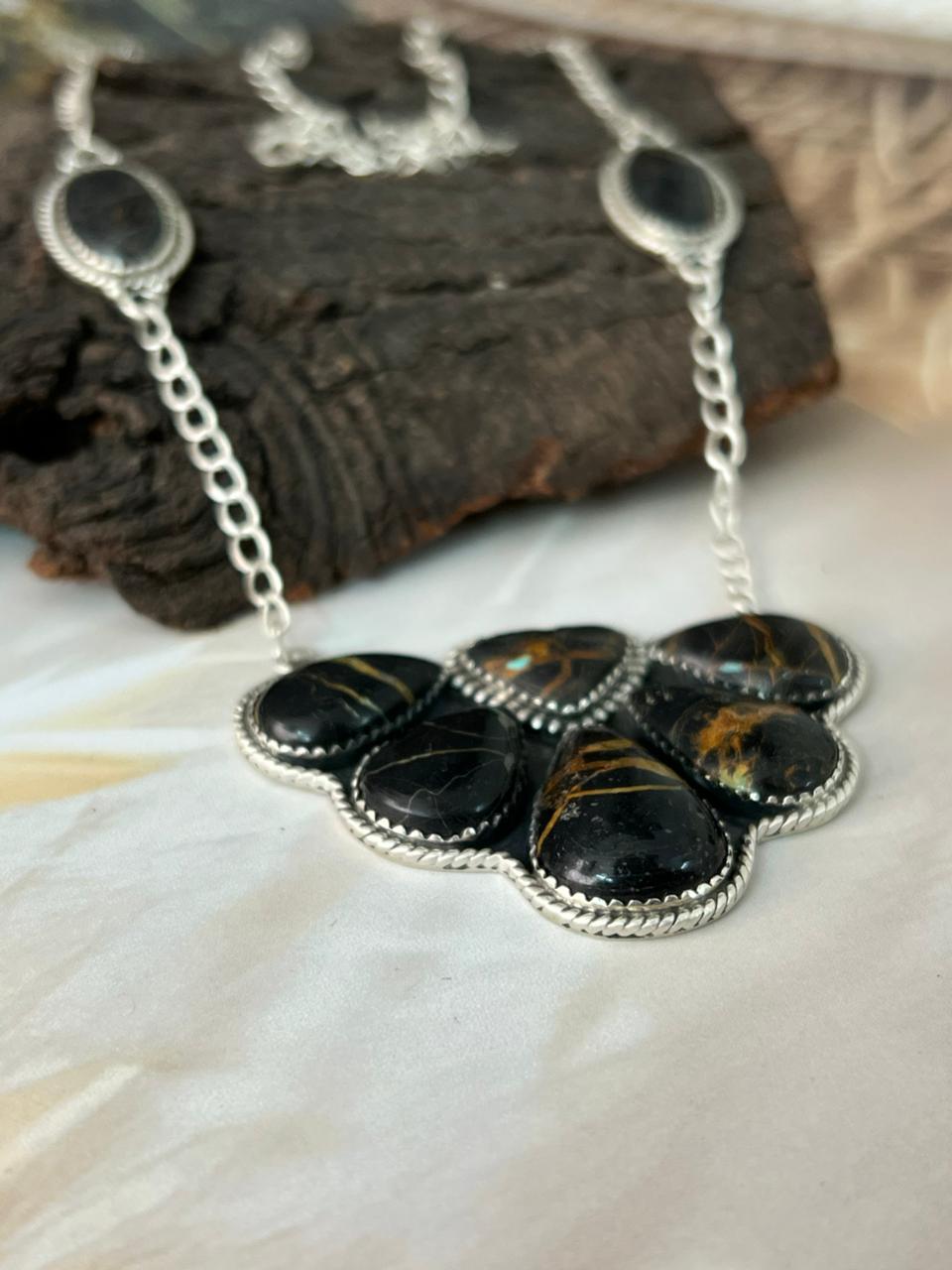 Handmade Sterling Silver Blackjack Turquoise Necklace "Signed Nizhoni"