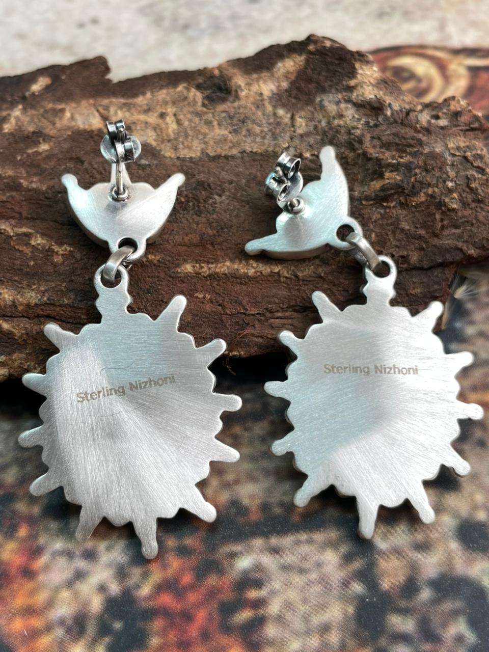 Handmade Sterling Silver Needle Collection: Kingman Turquoise Post Dangle Earrings "Signed Nizhoni"
