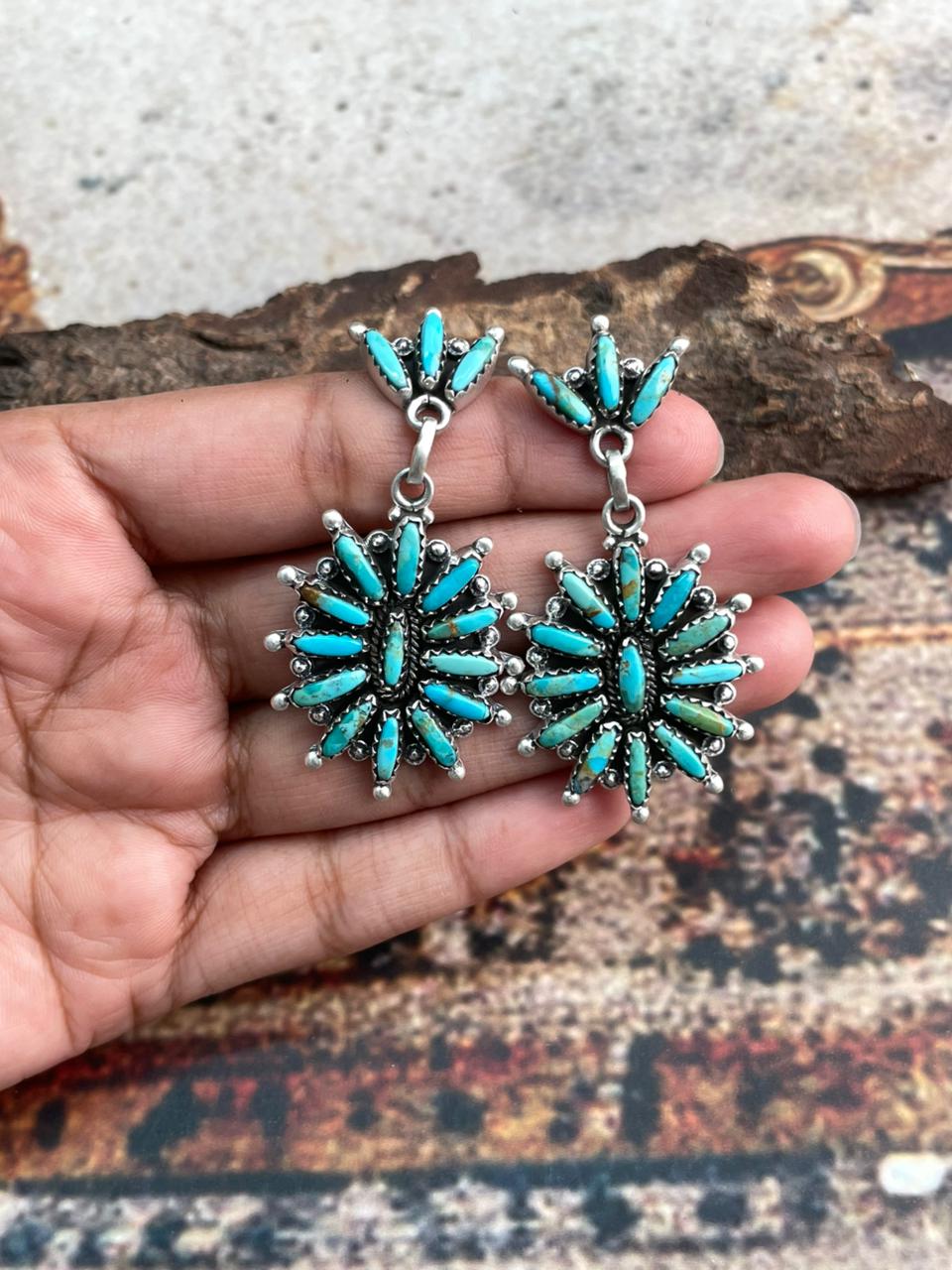 Handmade Sterling Silver Needle Collection: Kingman Turquoise Post Dangle Earrings "Signed Nizhoni"
