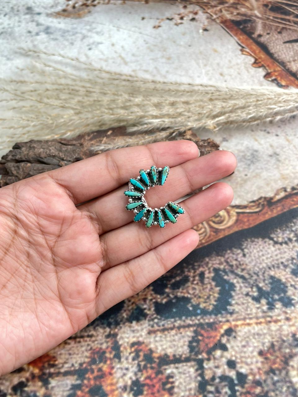 Handmade Sterling Silver Needle Collection: Kingman Turquoise Adjustable Naja Ring "Signed Nizhoni"