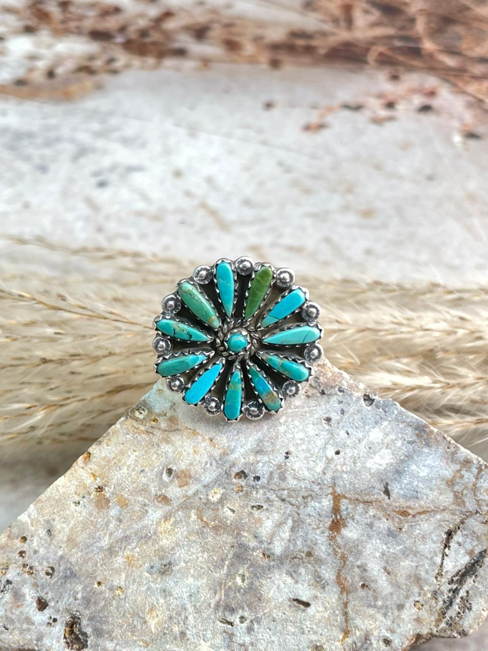 Handmade Sterling Silver Needle Collection: Kingman Turquoise Adjustable Ring "Signed Nizhoni"
