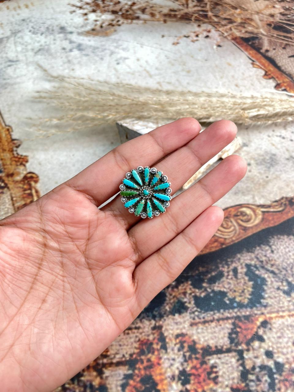 Handmade Sterling Silver Needle Collection: Kingman Turquoise Adjustable Ring "Signed Nizhoni"