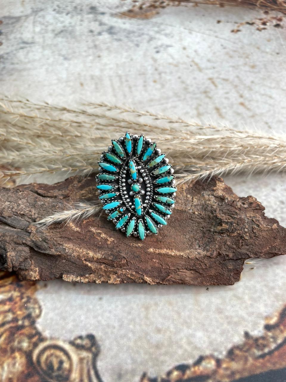 Handmade Sterling Silver Needle Collection: Kingman Turquoise Adjustable Ring "Signed Nizhoni"