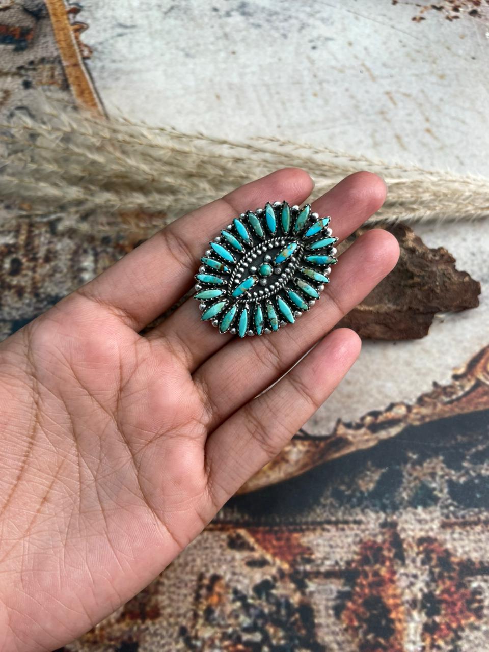 Handmade Sterling Silver Needle Collection: Kingman Turquoise Adjustable Ring "Signed Nizhoni"