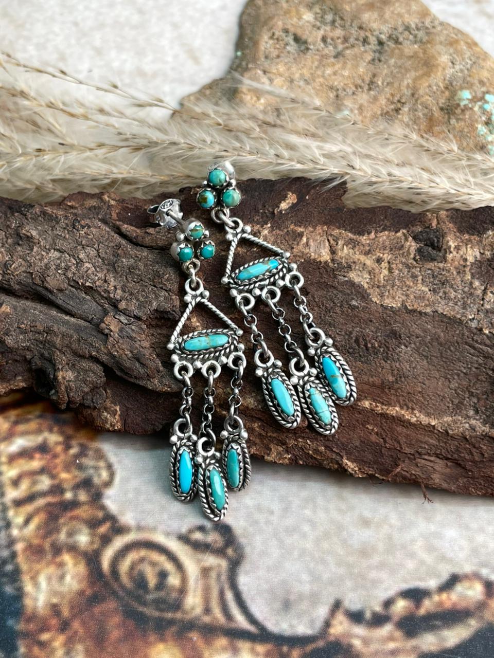 Handmade Sterling Silver Needle Collection: Kingman Turquoise Post Dangle Earrings "Signed Nizhoni"