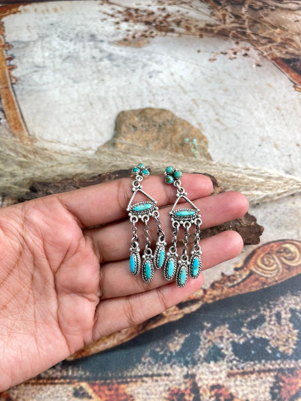 Handmade Sterling Silver Needle Collection: Kingman Turquoise Post Dangle Earrings "Signed Nizhoni"