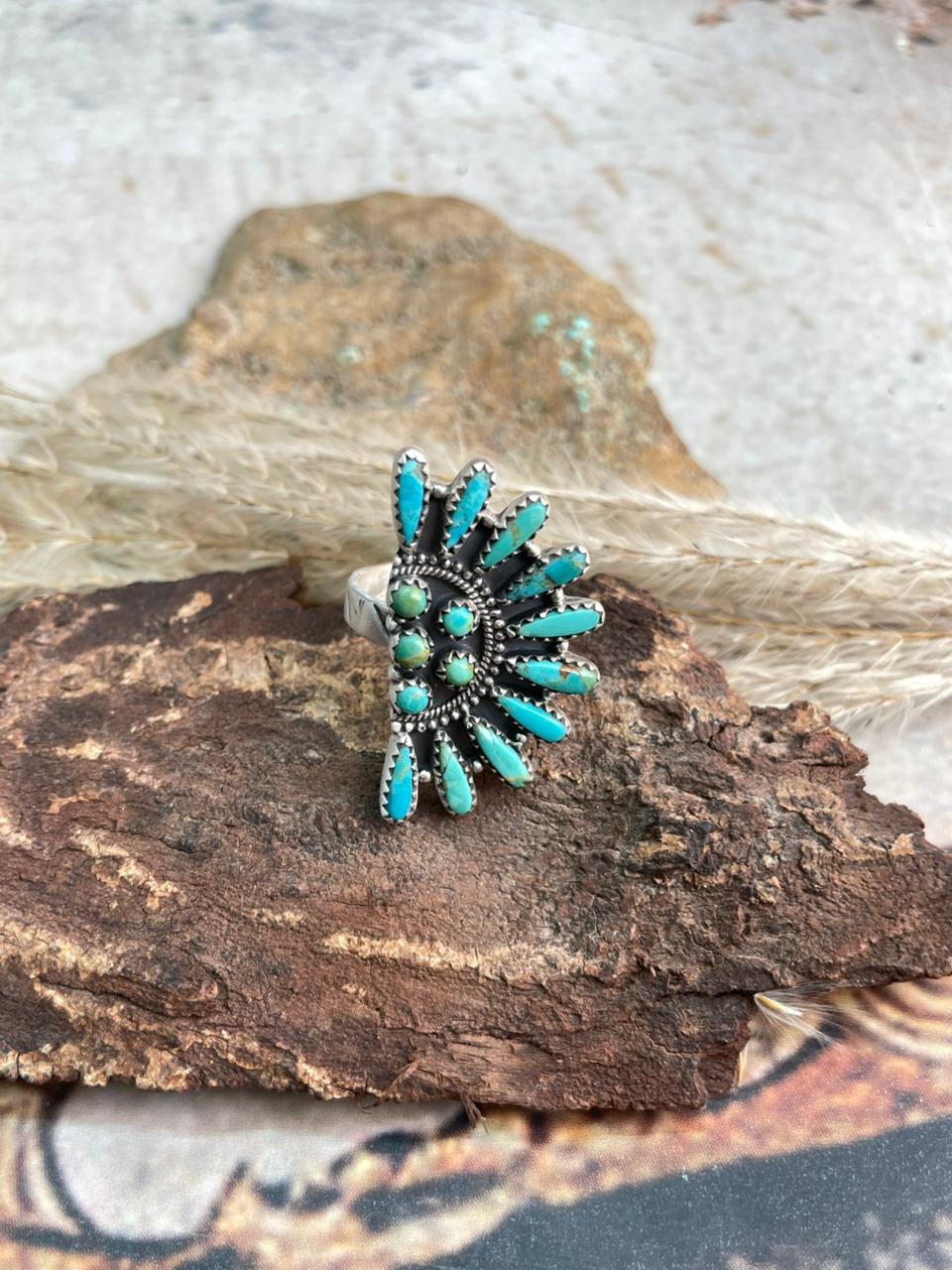 Handmade Sterling Silver Needle Collection: Kingman Turquoise Adjustable Ring "Signed Nizhoni"