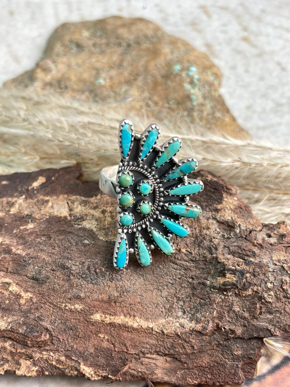 Handmade Sterling Silver Needle Collection: Kingman Turquoise Adjustable Ring "Signed Nizhoni"