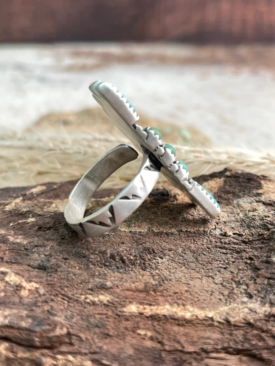 Handmade Sterling Silver Needle Collection: Kingman Turquoise Adjustable Ring "Signed Nizhoni"
