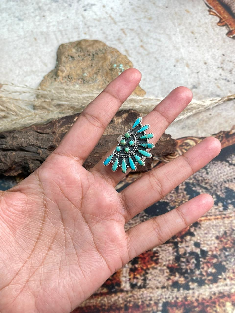 Handmade Sterling Silver Needle Collection: Kingman Turquoise Adjustable Ring "Signed Nizhoni"